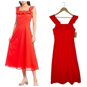 New Cremieux Dress Womens 4 Midi Smocked Back Ruffle Shoulder Summer Red Coastal